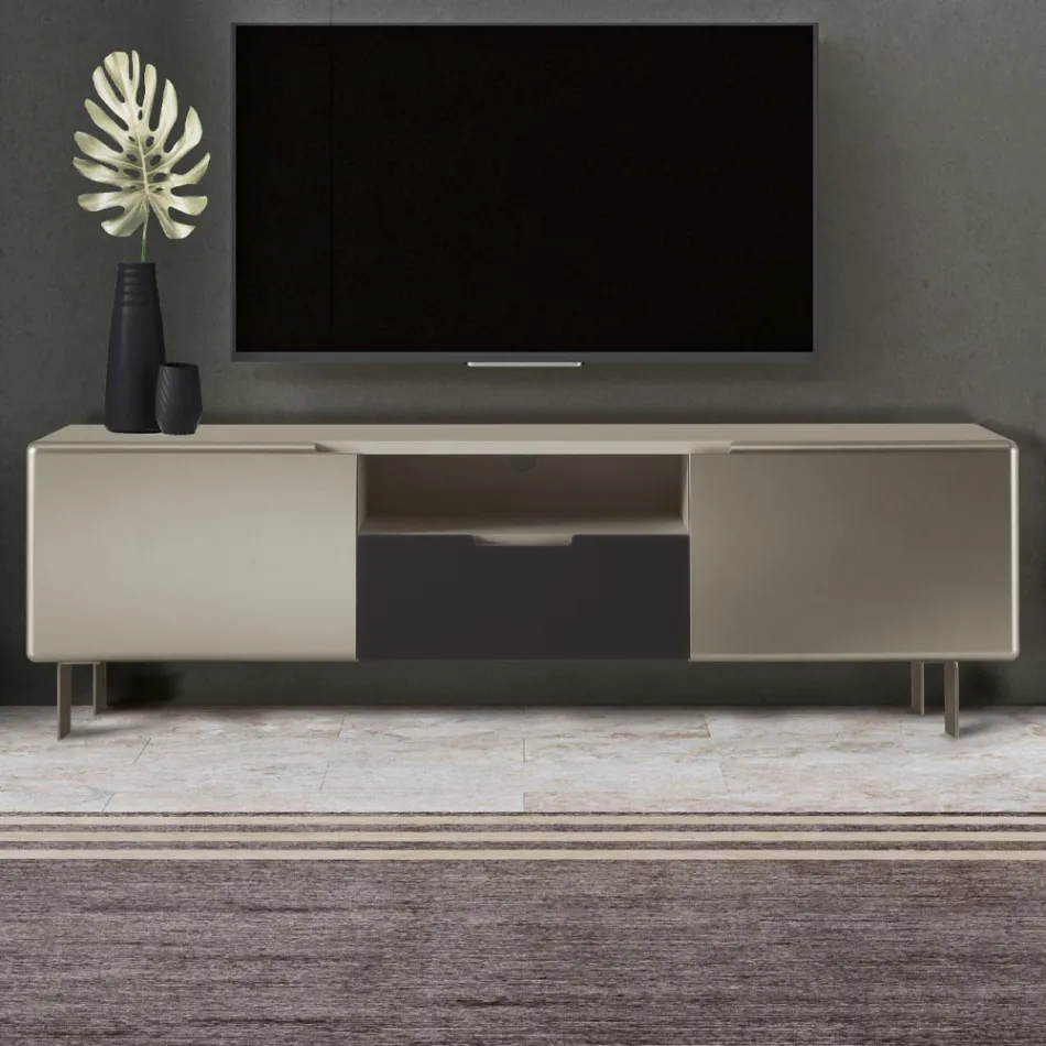 TV-Schrank mit 2 Türen und 1 Schublade in Nickel- und Carbon-Finish – Inga Viadurini