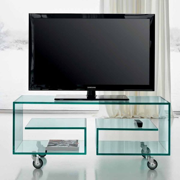 Wohnzimmer tv-ständer aus transparentem glas mit rollen, luxus - birintolo