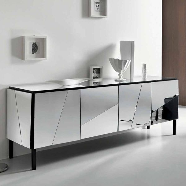 Wohnzimmer-sideboard aus mattschwarzem holz und verspiegelten gläsern, italienischer luxus - sienese
