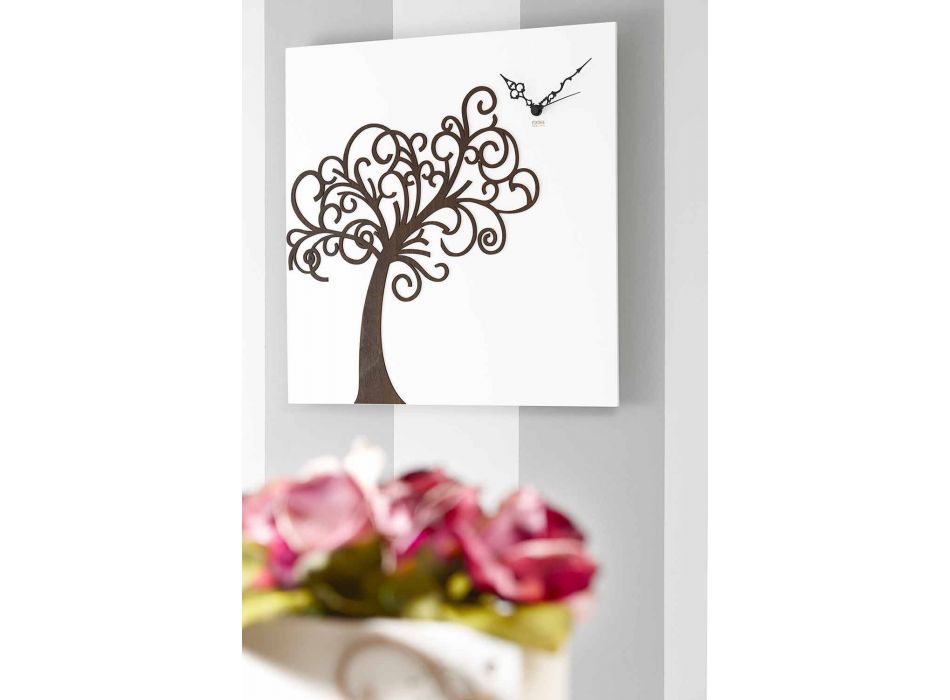 Weiße quadratische hölzerne Design-Wanduhr mit Baum - Alberoeden Viadurini