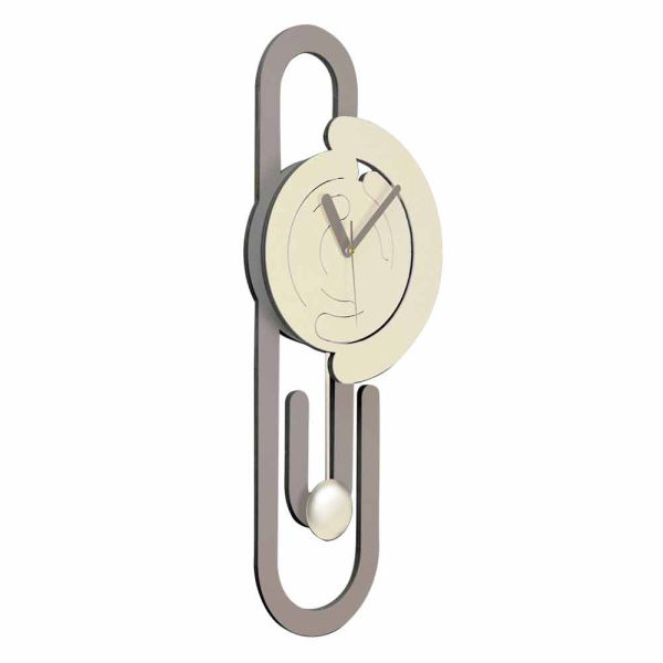 Pendel wanduhr modernes design in beige und braunem holz - büroklammer