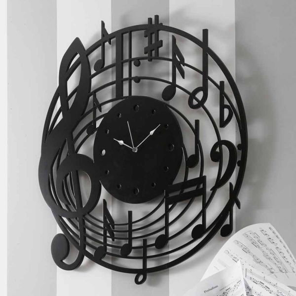 Runde schwarze wanduhr des modernen designs in verziertem holz - musik