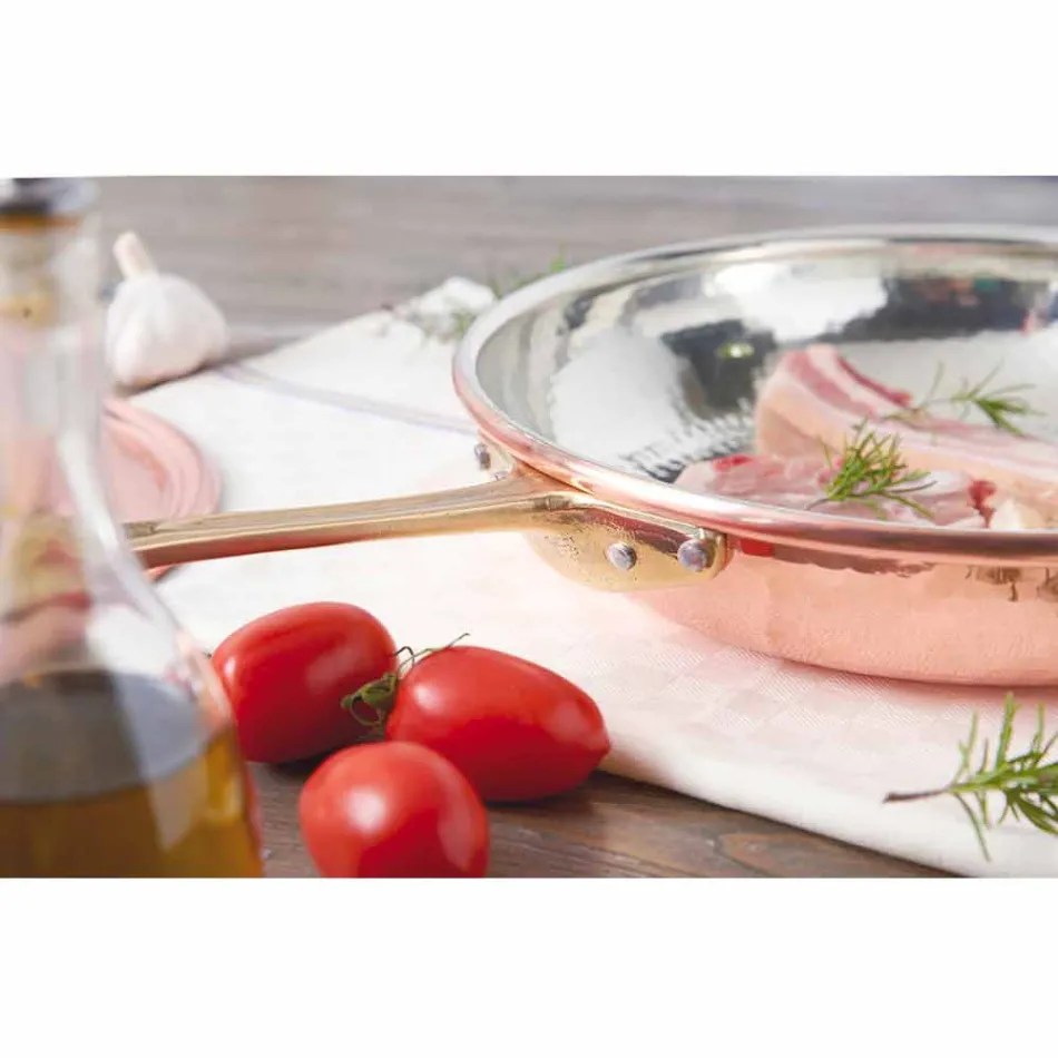 Runde Pfanne aus verzinntem Kupfer von Hand mit Griff und Deckel 36 cm - Gianluigi Viadurini