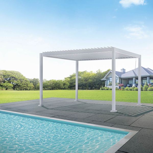 Weiße aluminium-pergola mit verstellbarem dach - vitta