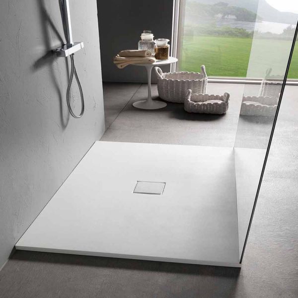 Quadratisches design duschwanne 90x90 in samt-effekt aus weißem harz - estimo