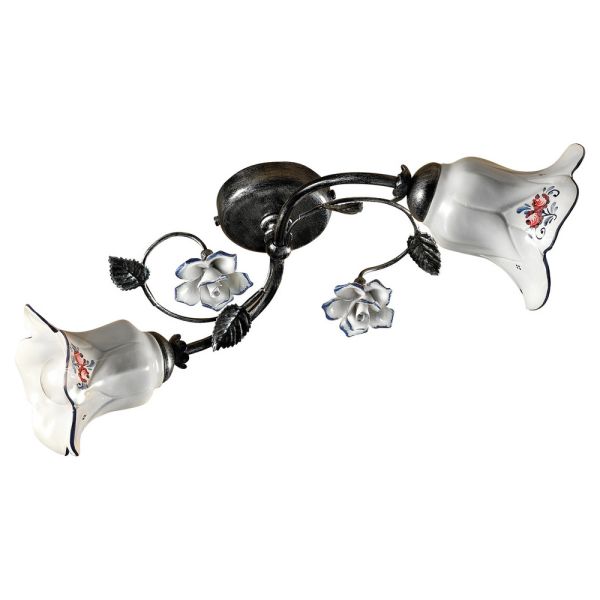 2-licht-deckenlampe aus metall und keramik mit handgemalten rosen - pisa