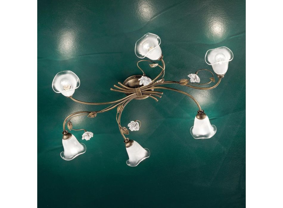 Vintage 6-flammige Deckenlampe aus Eisen, Glas und Keramikrosen - Siena Viadurini