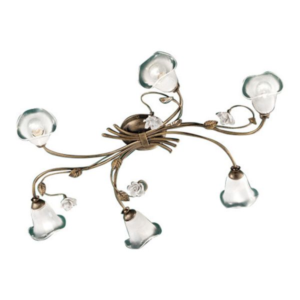 Vintage 6-flammige deckenlampe aus eisen, glas und keramikrosen - siena