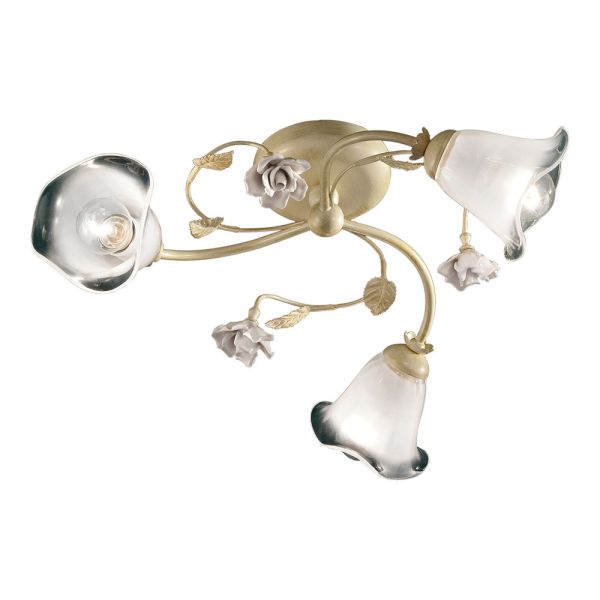 Vintage deckenlampe 3 oder 4 lichter aus eisen, glas und keramikrosen - siena