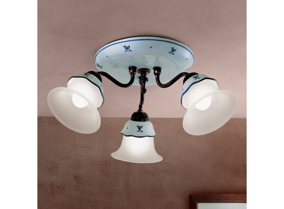 Vintage-Deckenlampe aus Eisen, Glas und handbemalter Keramik - Ferrara Viadurini