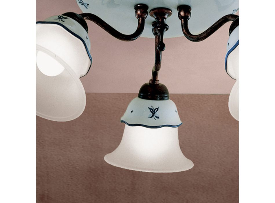 Vintage-Deckenlampe aus Eisen, Glas und handbemalter Keramik - Ferrara Viadurini