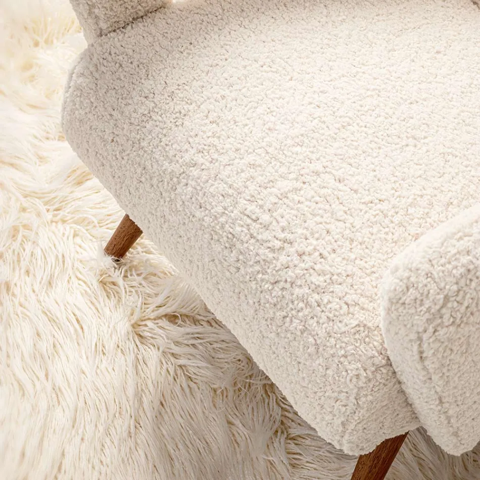 Sessel mit Armlehnen aus Gummibaumholz und Sitz mit Wolleffekt - Patrizia Viadurini