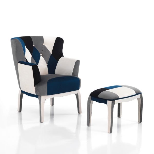 Sessel mit pouf aus patchworkstoff – bromo