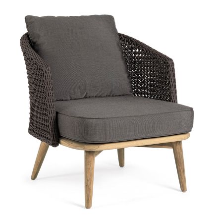 Outdoor-Sessel mit Rückenlehne aus Seil und Beinen aus Teakholz, Homemotion – Chantall Viadurini