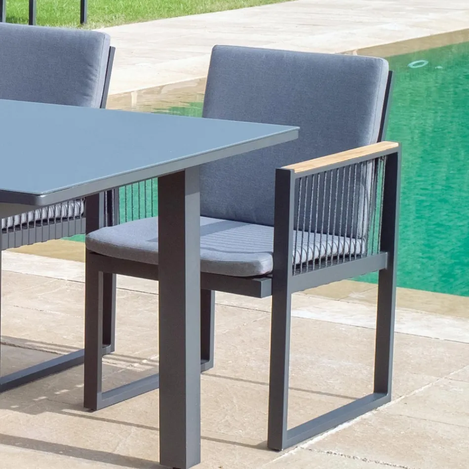 Outdoor-Sessel aus lackiertem Aluminium mit Seeseil und Teakholz - Chase Viadurini