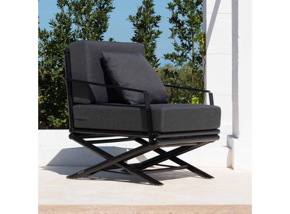 Outdoor-Sessel aus Naturholz oder Hochglanz oder Mattschwarz und Kissen - Suzana Viadurini