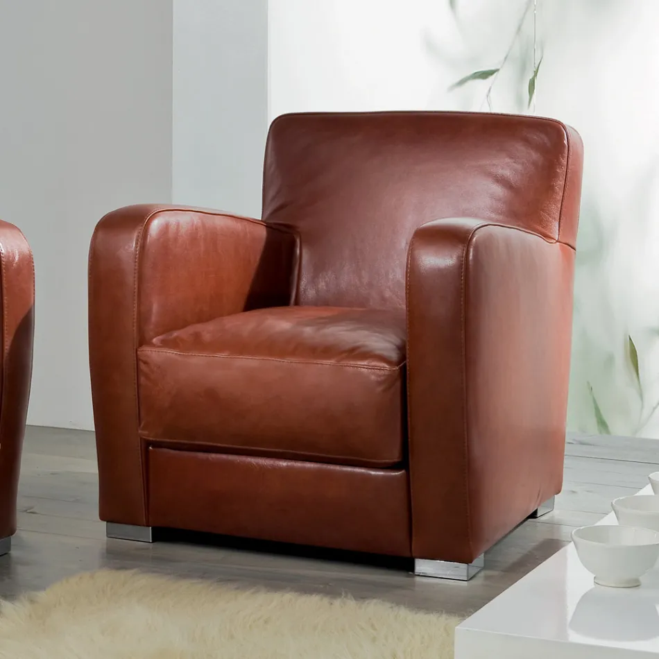 Wohnzimmersessel aus Holz, Leder und Metall Made in Italy - Burlesco Viadurini