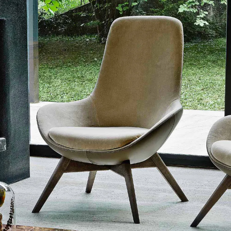 Wohnzimmer Sessel aus Leder und Stoff mit Holzsockel Made in Italy - Ama Viadurini