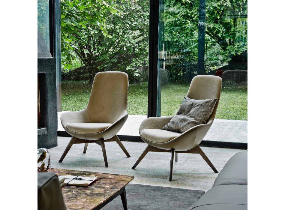 Wohnzimmer Sessel aus Leder und Stoff mit Holzsockel Made in Italy - Ama Viadurini