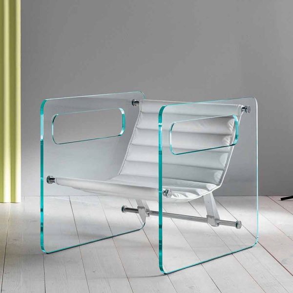 Wohnzimmersessel aus glas und sitz aus weißem leder luxus design - tecna