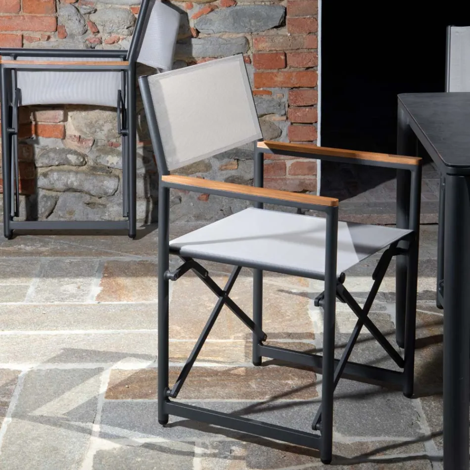 Regiestuhl aus Aluminium, Textilene und Teak Armlehne - Tenda Viadurini
