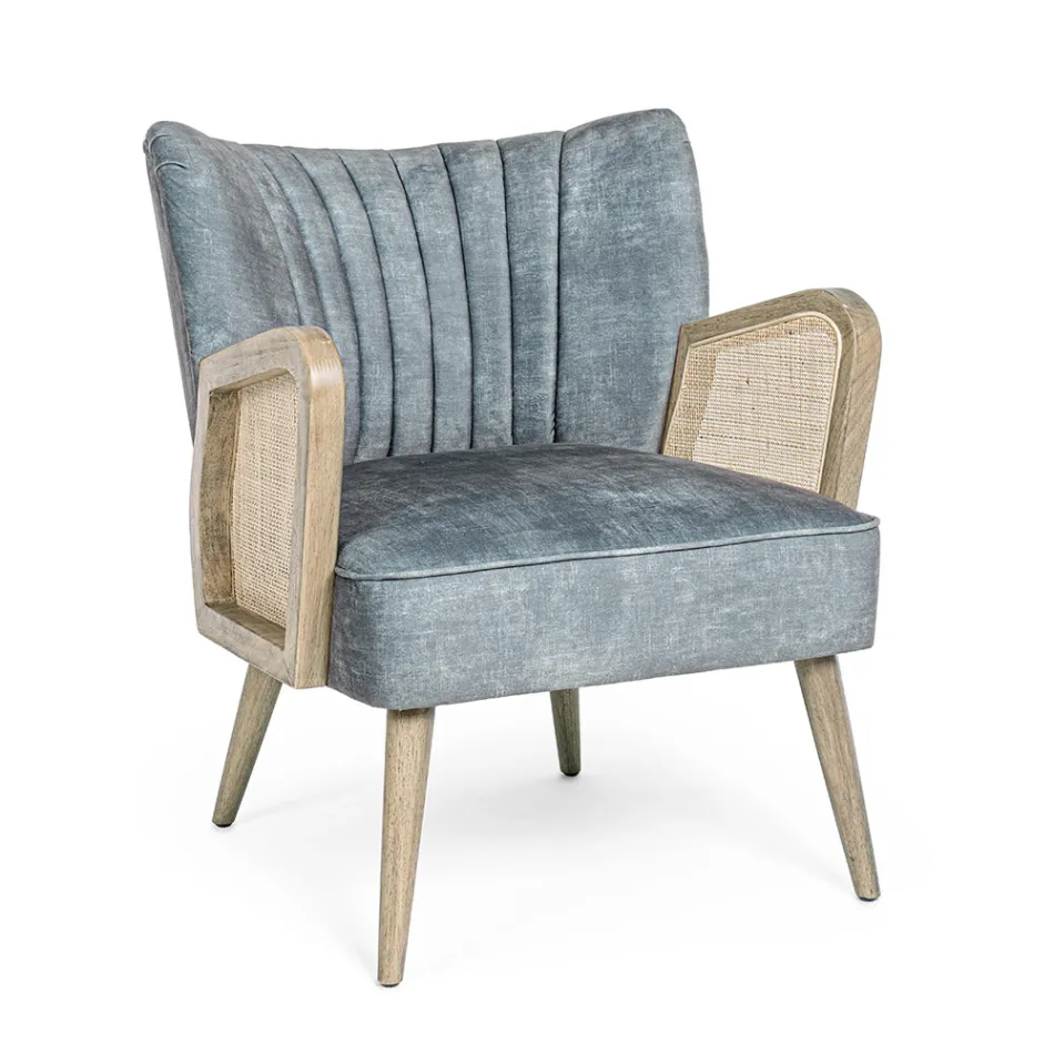 Vintage Holzsessel mit Rattan und Polyester Armlehnen - Ludovica Viadurini