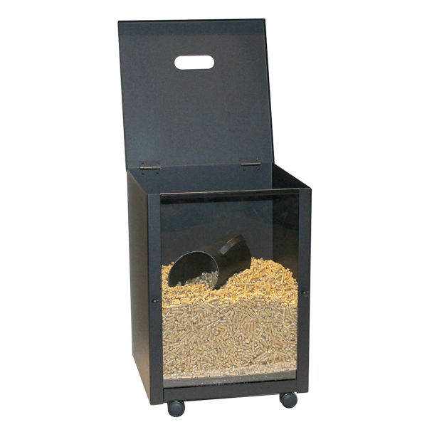 Pellethalter aus schwarz lackiertem stahl mit plexiglas, hergestellt in italien – pellicano