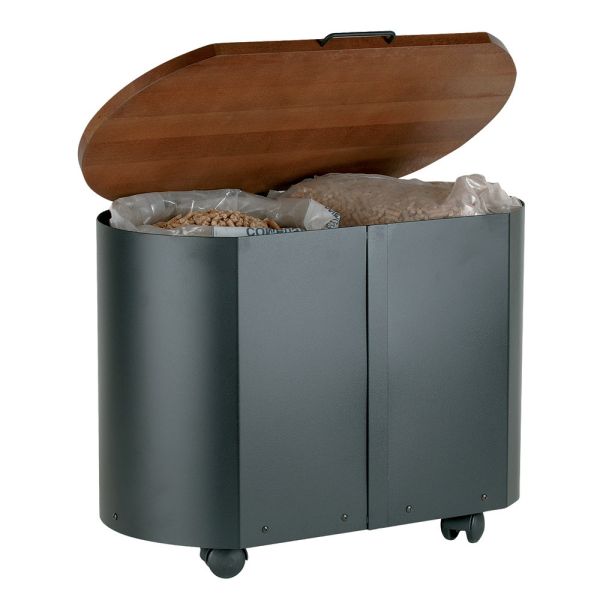 Ovaler pellethalter aus schwarzem metall und holzdeckel, hergestellt in italien – bisonte
