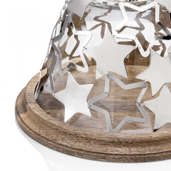 Glockenkuchenhalter aus Holz und Glas mit silbernen Metallsternen - Ilenia