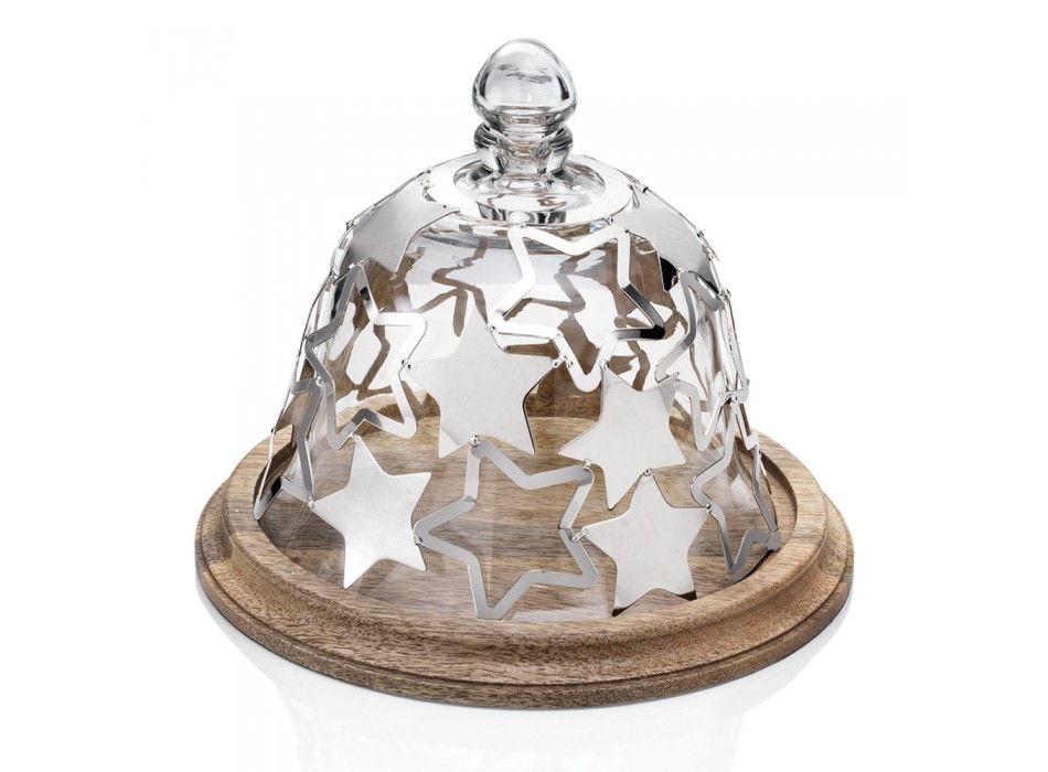 Glockenkuchenhalter aus Holz und Glas mit silbernen Metallsternen - Ilenia