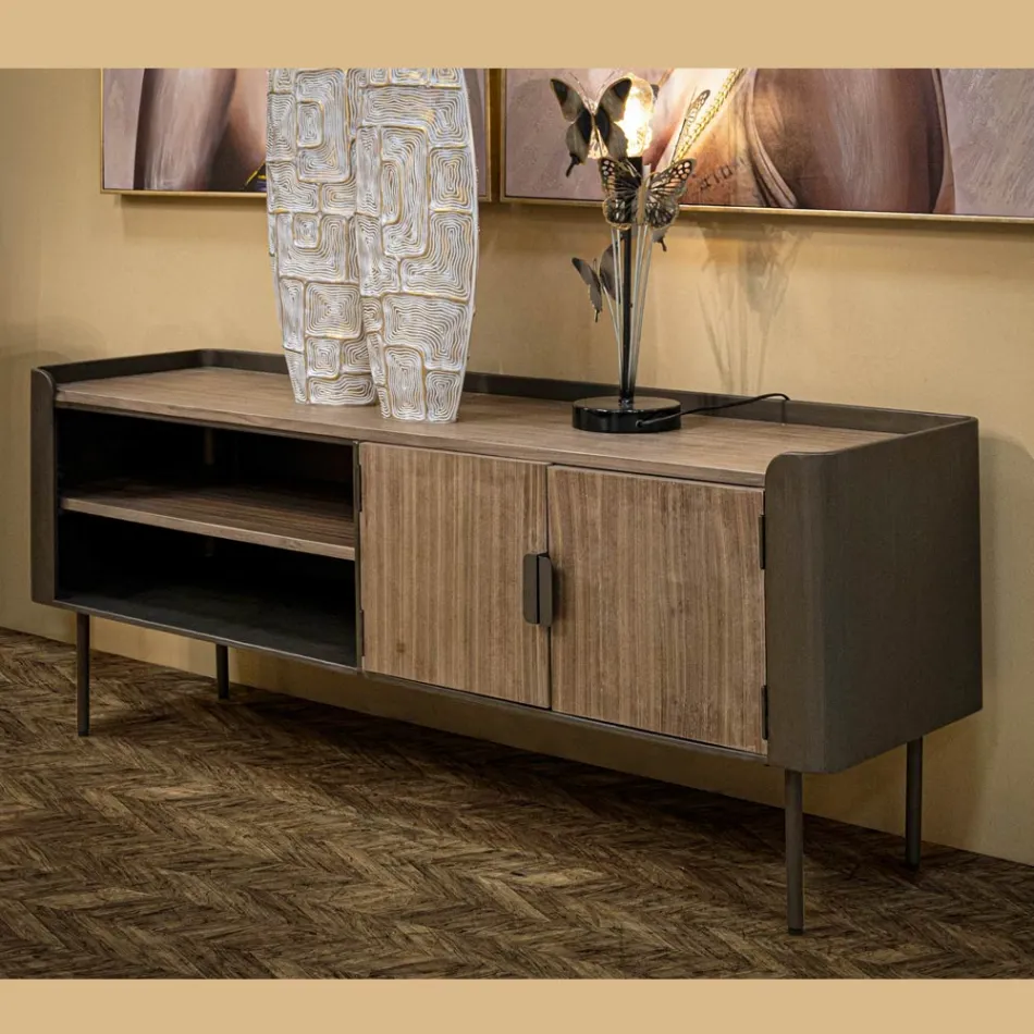 Wohnzimmer-TV-Ständer aus Tannenholz und Grauguss mit 2 Türen - Cooper Viadurini