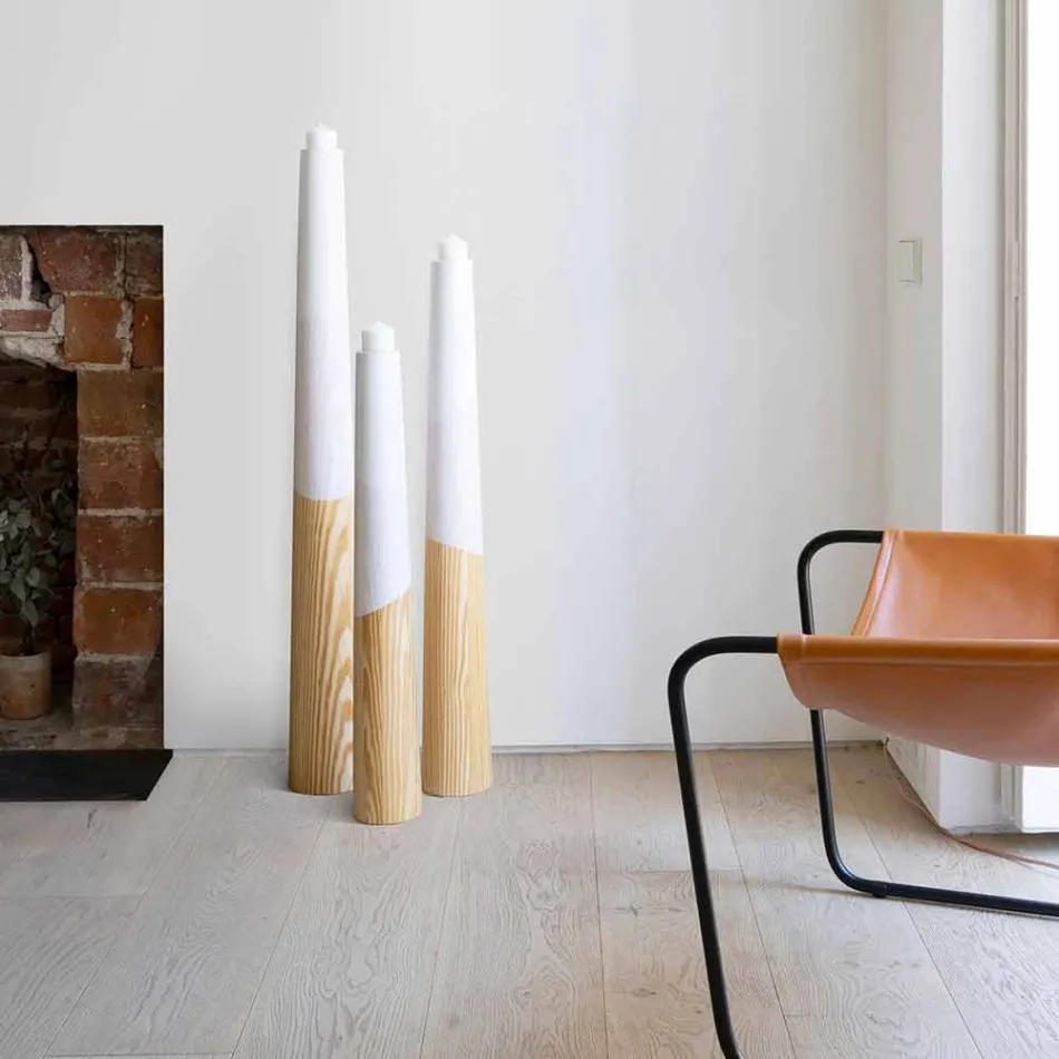 Moderner Kerzenhalter aus massivem Kiefernholz mit farbigen Details - Offenheit Viadurini
