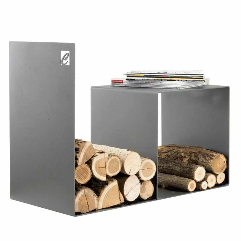 Indoor Holzhalter aus farbigem Stahl mit Couchtisch Made in Italy - Cecio Viadurini