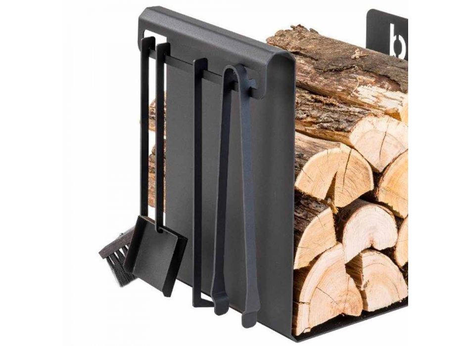 Brennholzhalter aus schwarzem Stahl mit 4 Werkzeugen Made in Italy - Phebe Viadurini