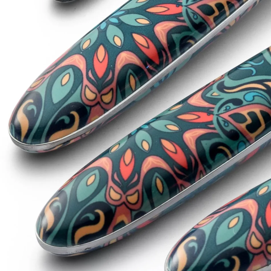 Stahl- und Kunststoffbesteck Farbiges Blumendekor 24 Stück - Alessandra Viadurini