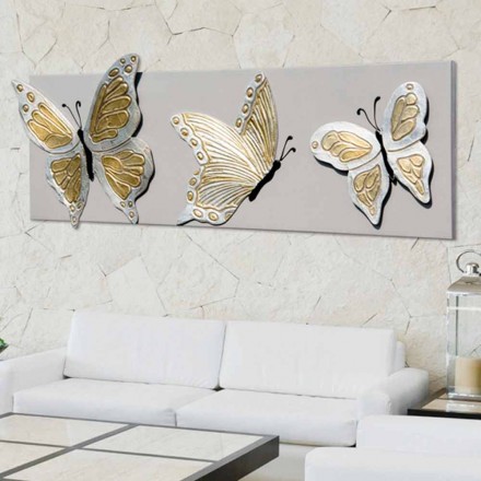 Moderne Malerei mit drei Schmetterlingen im Relief von Hand verziert Stephen Viadurini