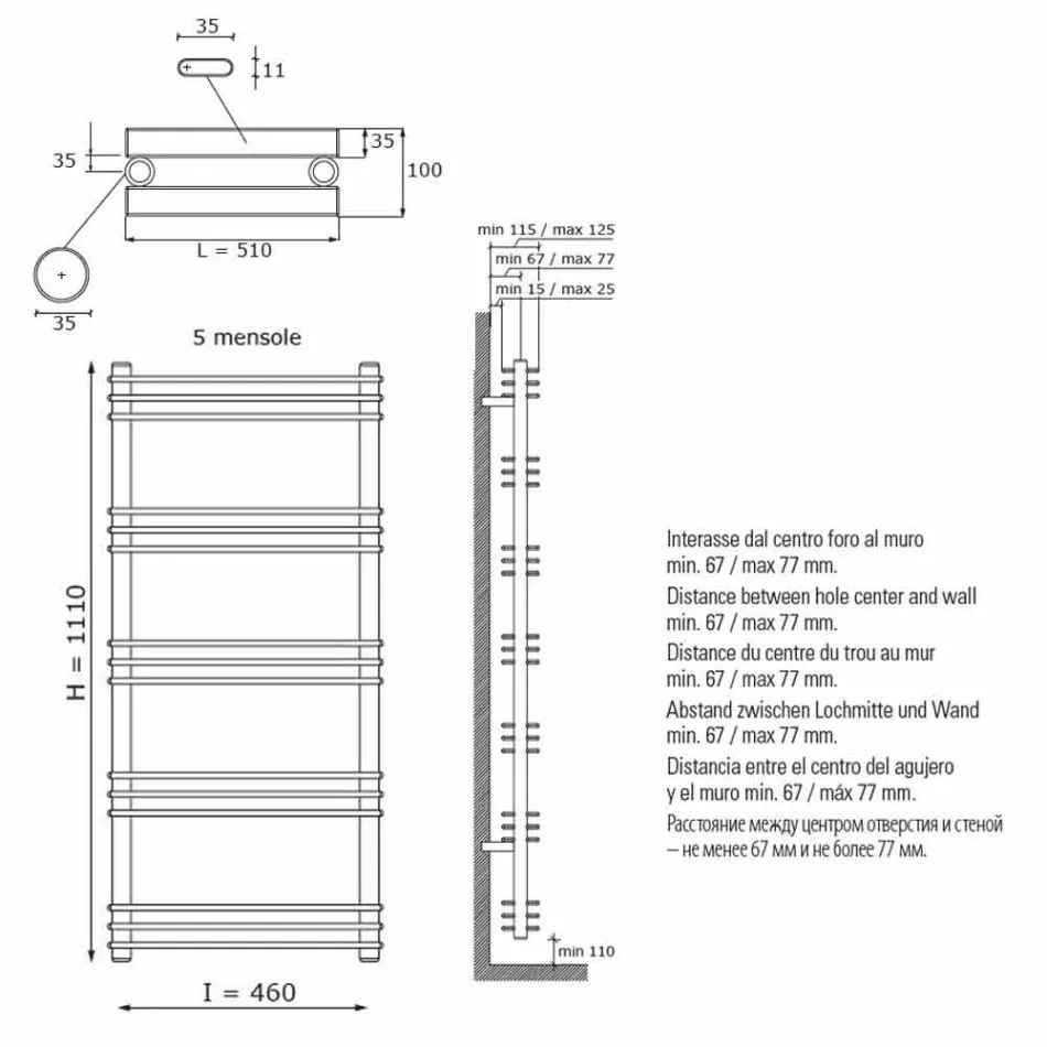 Vertikaler Wandkühler mit modernem Design bis 530 Watt - Regal Viadurini