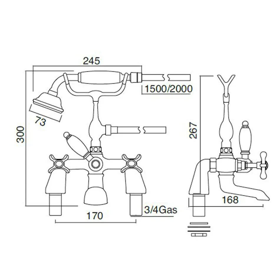 Messing-Badewannenarmatur mit klassischer Luxus-Handbrause - Fioretta Viadurini