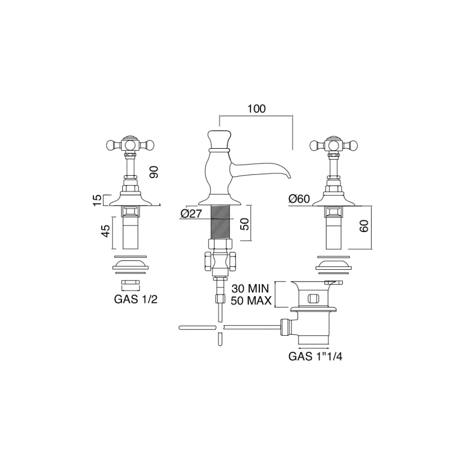 Vintage 3-Loch-Bidethahn aus Messing, hergestellt in Italien – Elisea Viadurini