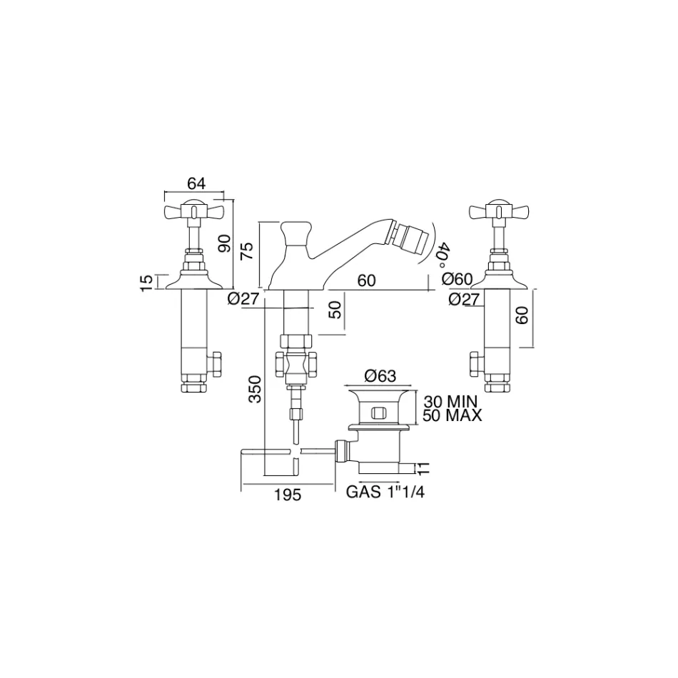 Vintage 3-Loch-Bidethahn aus Messing, hergestellt in Italien – Katerina Viadurini