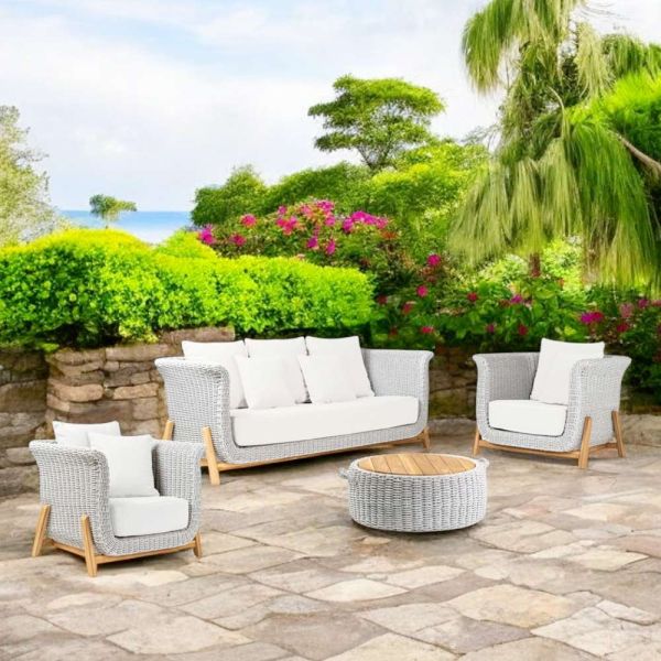 Modulare gartenlounge aus teakholz und handgewebtem seil - arjuna