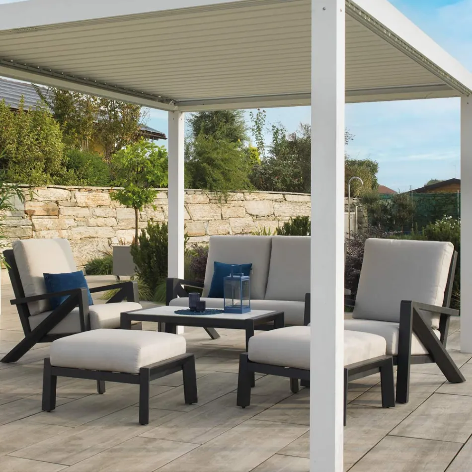 Wohnzimmer, bestehend aus Sofa, Couchtisch und Sesseln mit Fußstütze - Anschlagtafel Viadurini