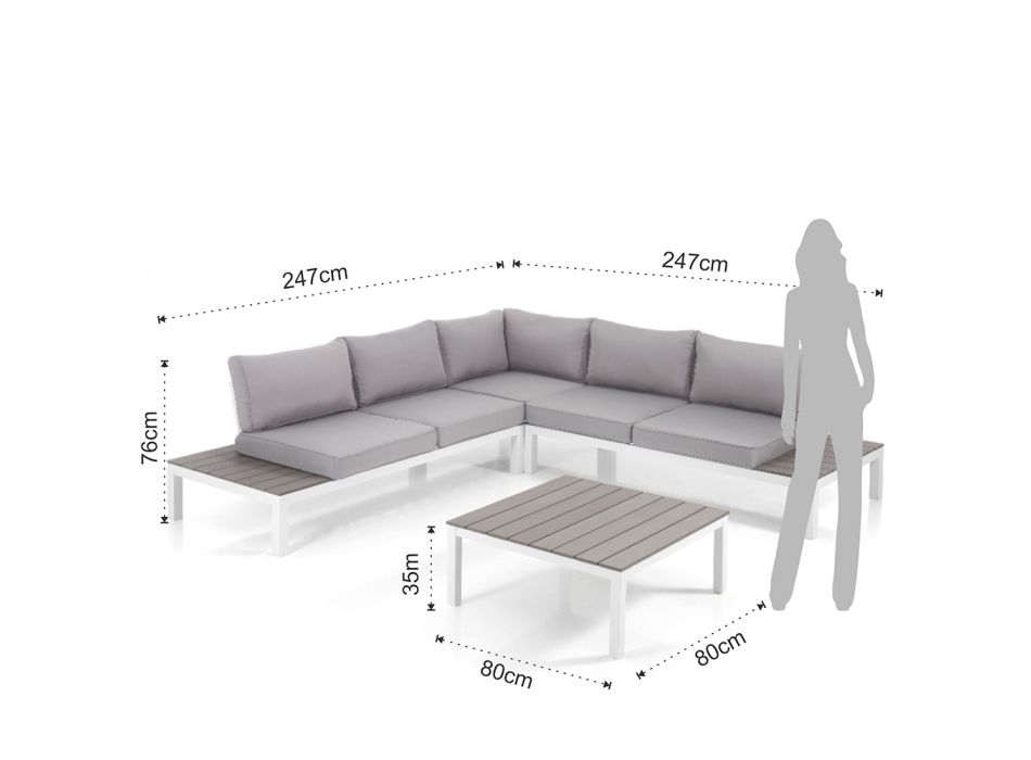 Wohnzimmer im Innen- und Außenbereich mit Sofa und Couchtisch aus mattweißem Aluminium – Dire Viadurini