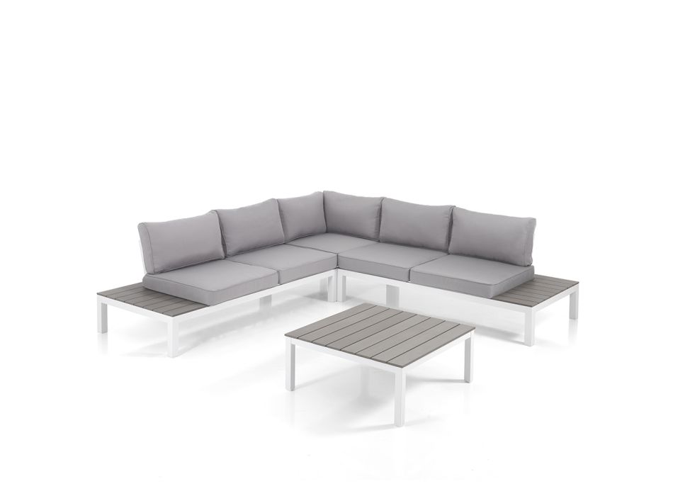 Wohnzimmer im Innen- und Außenbereich mit Sofa und Couchtisch aus mattweißem Aluminium – Dire Viadurini