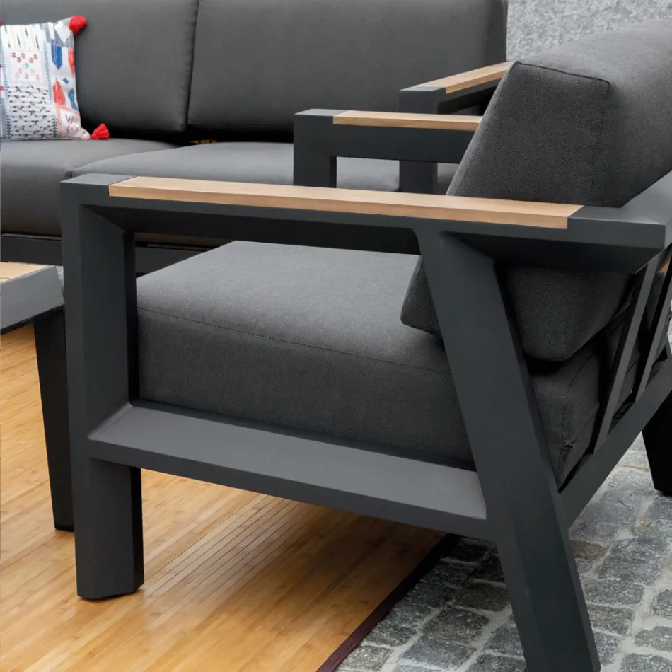 Outdoor-Lounge aus Aluminium mit Details aus brasilianischem Teakholz - Tagebuch Viadurini