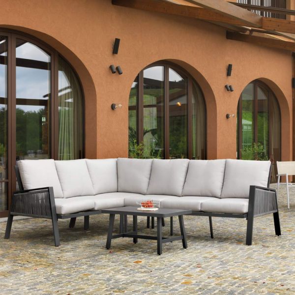 Gartenlounge mit sofa und couchtisch aus aluminium - label