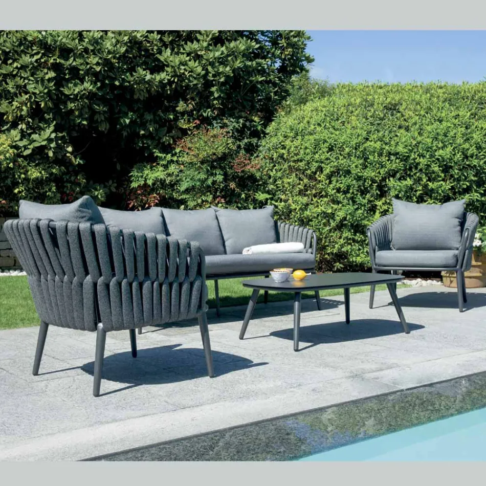 Narin Gartenlounge-Set aus Aluminium und Seil mit Polsterung und Kissen Viadurini