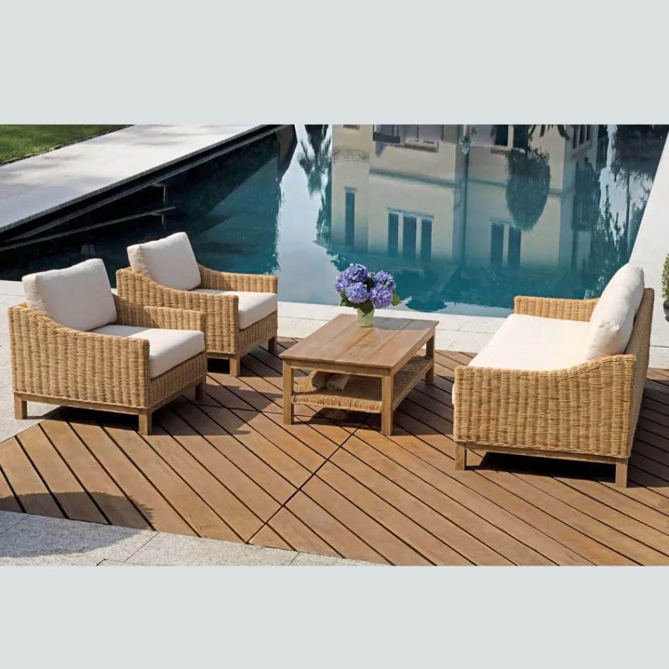Gartenlounge-Set aus Holz mit Rattan und abnehmbaren Kissen - Silvara Viadurini
