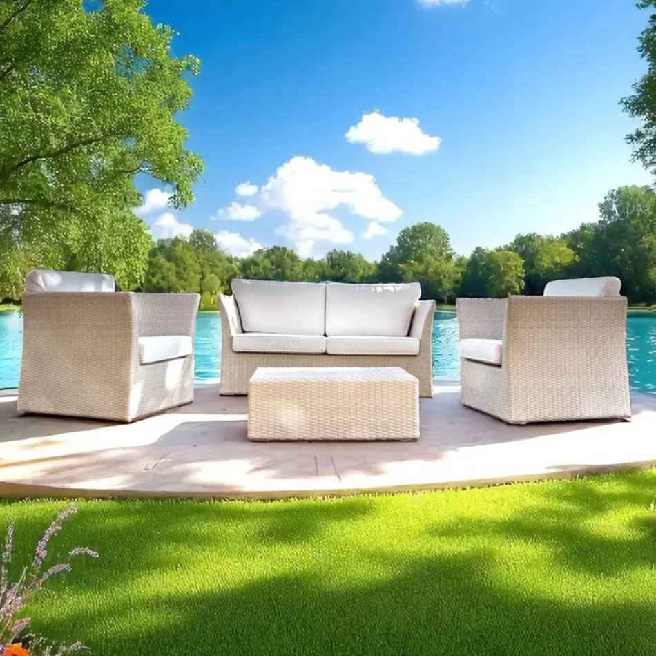 REHAU Polyrattan Garten-Lounge-Set und weiße Kissen - Pepe Viadurini