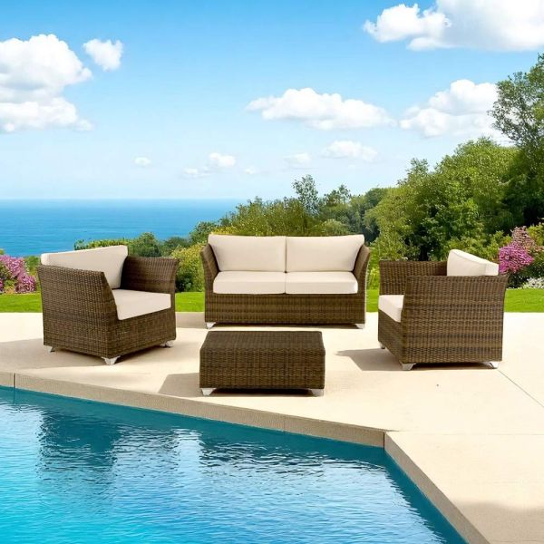 Rehau polyrattan garten-lounge-set und weiße kissen - pepe